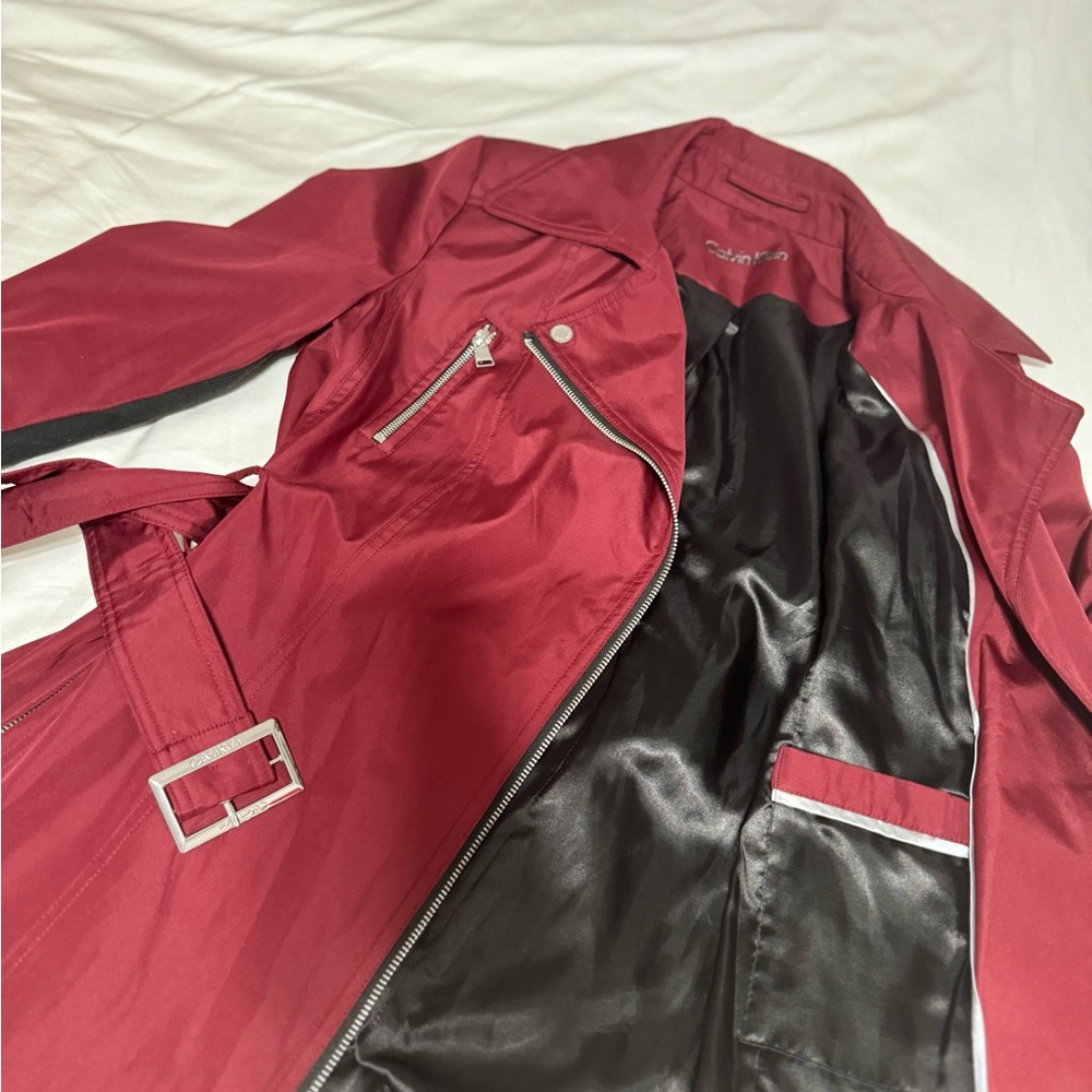 Calvin Klein Cherry Red Trench Coat with Belted Waist - Picture 9 of 10